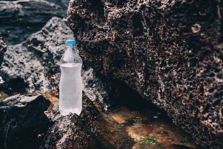 Bottle with mineral water in the nature among stones and grass