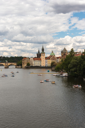 View of Charles Bridge from the river Moldava in Prague Czech Republicの写真素材