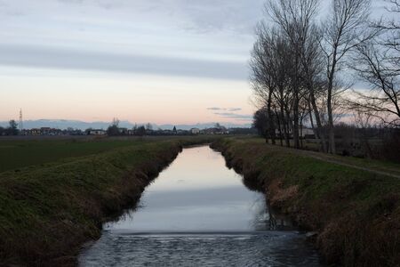Rural landscape with view of the alps in northern Italyの写真素材