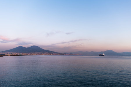 View of Mount Vesuvius and the gulf of Naples at sunset, Italy