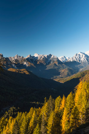 Panoramic view during an autumn trekking in the Dolomites, Italyの写真素材