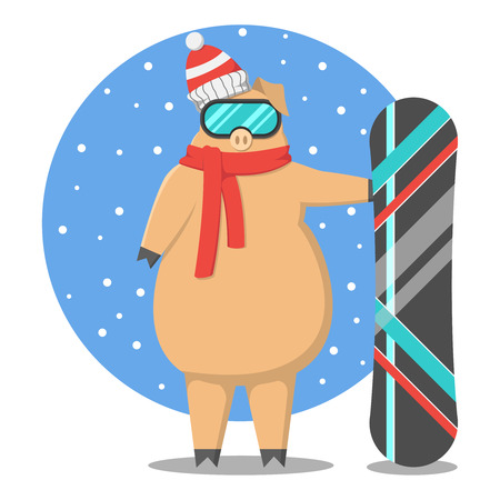 Year of the pig. Rest in the mountains, snowboard, pig on holidays, riding on a snowboard in protective glassesのイラスト素材