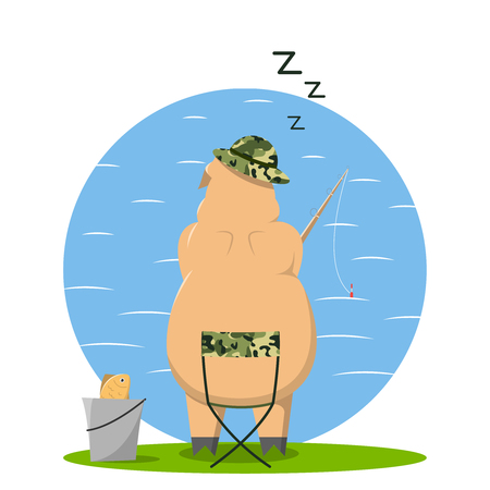 Thick pig. Pig on fishing. Cartoon pig. Fish in buckets.のイラスト素材