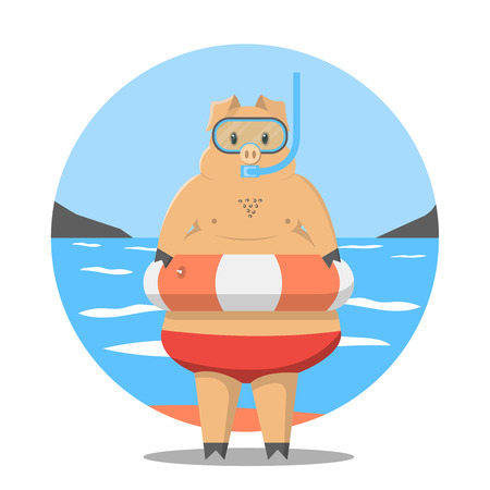 Thick pig. A pig on rest. Cartoon pig. The pig travels.のイラスト素材