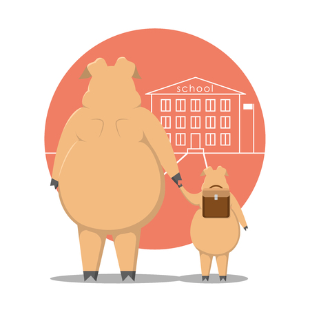 Thick pig. The pig leads the piglet to the school. Cartoon pig. Pig with a handkerchief.のイラスト素材