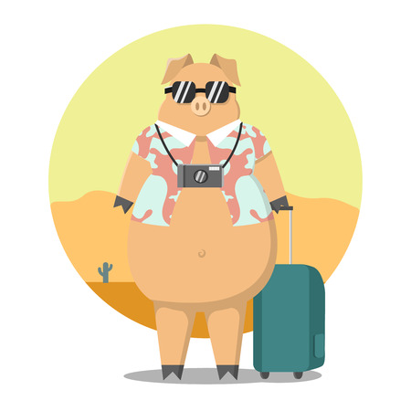 Thick pig. A pig on rest. Cartoon pig. The pig travels.のイラスト素材