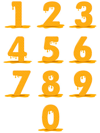 Honey is one,  two,  three,  four,  five,  six,  seven,  eight,  nine,  ten,  nought,  zero. Vector honey figurines. Tasty honey figurines. Beekeeping, honey, bees.のイラスト素材
