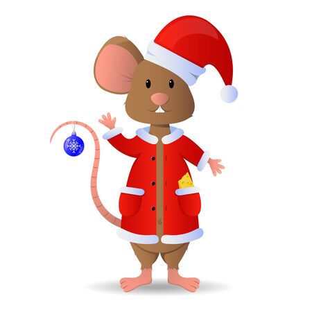 Christmas cute little brown mouse is standing in santa claus costume. New Year vector illustration, isolate on a white background, for postcards and other prints on different things.のイラスト素材