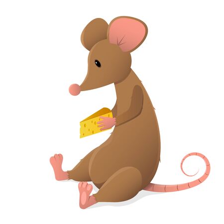 A sad cute little mouse, brown, holds a piece of cheese in its paws.のイラスト素材