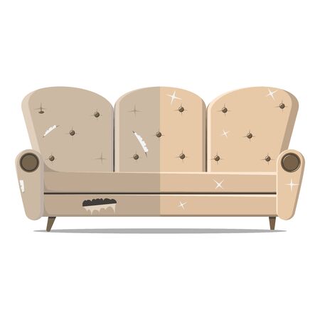 Before and after, old and new damaged large coffee-colored sofa. Design of broken upholstered furniture.のイラスト素材