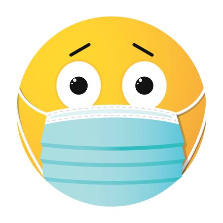 Medical face mask. Frightened little yellow smiley in a drop of medicine on the end of a syringe needle.のイラスト素材