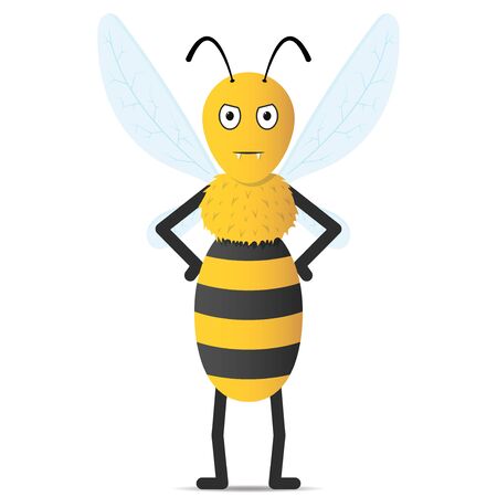 Wasp. Angry little cartoon insect with wings, yellow stripes, threatening pose. Vector illustration for web sites and prints.のイラスト素材