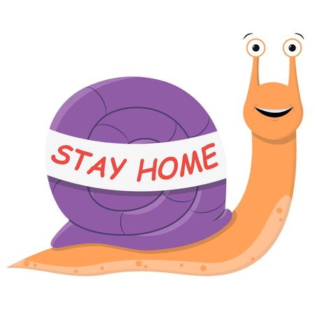 Snail stay at home. Cute cartoon purple snail with a banner against the spread of the virus. Vector illustration in support of the fight against Covid 19 for web sites and prints.のイラスト素材