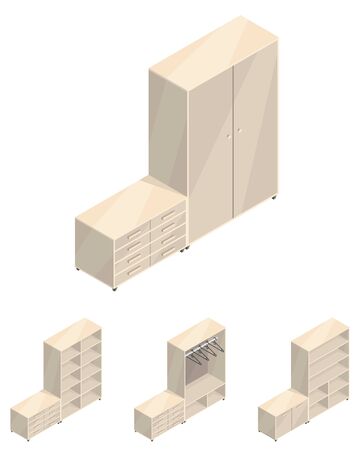 Cupboard. Beautiful new isometric set of different brown rustic furniture. Vector illustration for mobile games, web sites and prints.のイラスト素材