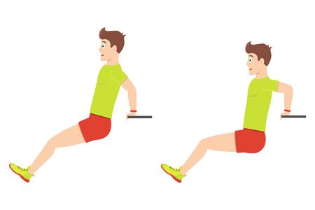 Exercise at home. Young handsome guy doing triceps exercises pushing up from a bench.のイラスト素材