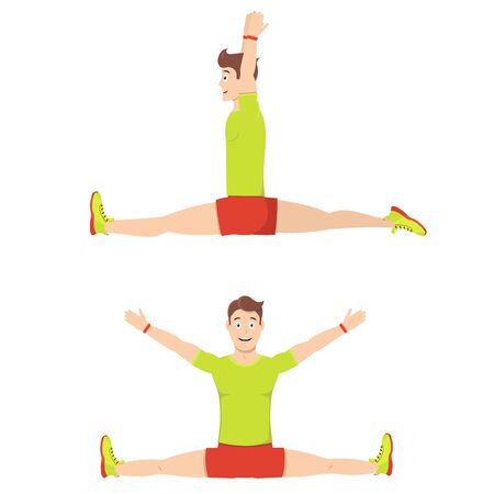 Stretching while sitting. A young handsome guy sits in longitudinal and transverse splits. Leg stretching exercises.のイラスト素材