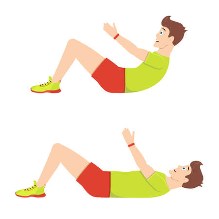 Exercises on pres lying. Young guy is doing twisting exercises on strengthening abdominal muscles.のイラスト素材