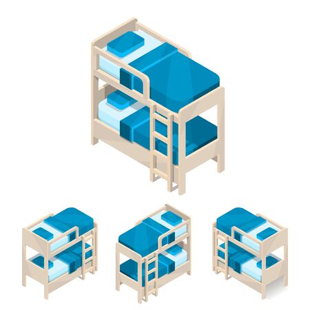 Two storey bed. Large new isometric blue furniture with bedding and pillows.のイラスト素材
