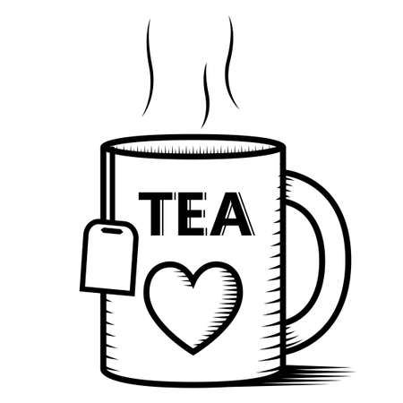 A cup of tea. Beautiful linear dishes in black and white with no background. Vector illustration isolate for web sites and prints on clothes.のイラスト素材
