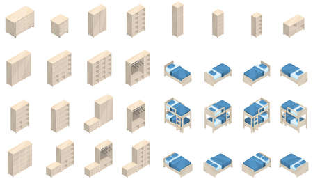 Furniture in isometry. Large beautiful set of new large and small wardrobes and beds.のイラスト素材