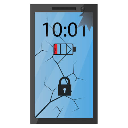 Broken phone. Old battered and cracked cell phone with a cracked screen.のイラスト素材