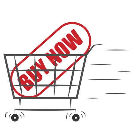 The big red square button buy now, one in a shopping trolley.のイラスト素材