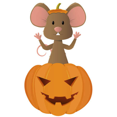 Halloween Party. Cute beautiful mouse in a pumpkin. Cartoon style isolate.のイラスト素材