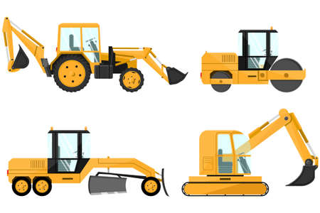 A set of cars. New beautiful special equipment of yellow color, for cleaning and repairing roads.のイラスト素材