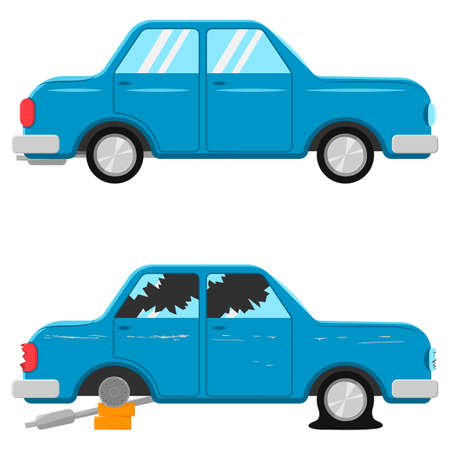 New car and broken car. Visual images before and after vehicle repair.のイラスト素材