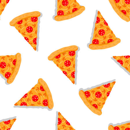 Pepperoni pizza pattern. Cheese texture with sliced salami, mushrooms and cheese for cafes and fastfoot bars.のイラスト素材