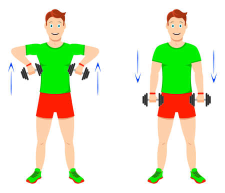 Exercise at home. Young handsome guy doing exercises with dumbbells for arm muscles.のイラスト素材