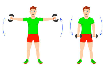 Exercise at home. Young handsome guy doing exercises with dumbbells for arm muscles.のイラスト素材