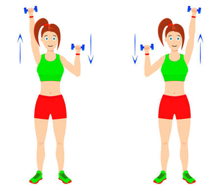 Exercise at home. Young curvy girl doing exercises with dumbbells for arm muscles.のイラスト素材