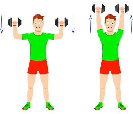 Exercise at home. Young handsome guy doing exercises with dumbbells for arm muscles.のイラスト素材
