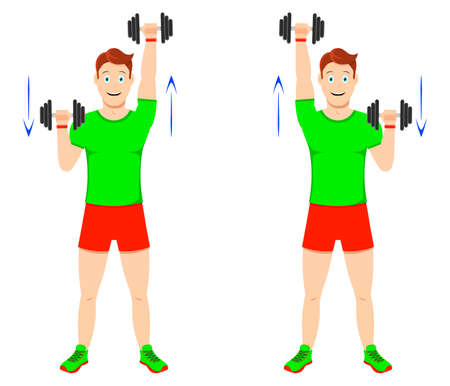 Exercise at home. Young handsome guy doing exercises with dumbbells for arm muscles.のイラスト素材