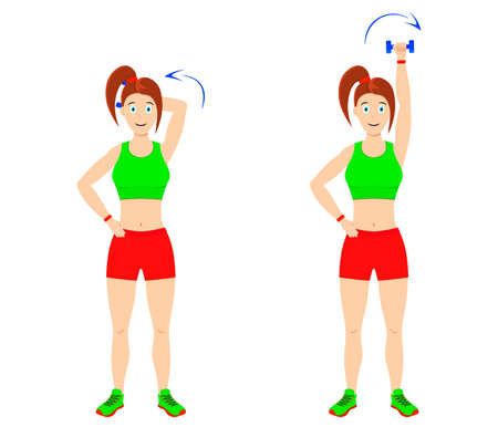 Do physical exercises at home. Young beautiful girl doing exercises with dumbbells for arm muscles.のイラスト素材