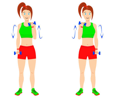 Do physical exercises at home. Young beautiful girl doing exercises with dumbbells for arm muscles.のイラスト素材