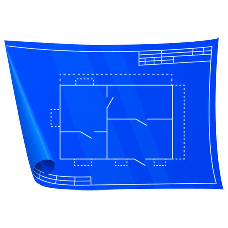 Technical drawing. Nice new drawing of blue drawing paper with house drawing. For builders and mechanics.のイラスト素材