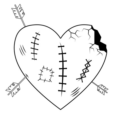 Valentines Day line. Lovely broken and crippled heart, large wound wounds and cracks, archery.のイラスト素材