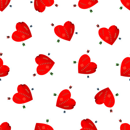 Valentines Day seamless pattern. Lovely broken and crippled heart, large wound wounds and cracks, archery.のイラスト素材