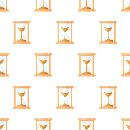 Hourglass seamless pattern. Cool new glass clock with wood rim. A device for measuring time. Vector illustration for websites, prints, games and mobile apps.のイラスト素材