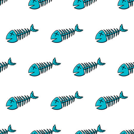 Dead fish seamless pattern. Cool picture in blue and black outline to indicate debris or environmental problems.のイラスト素材
