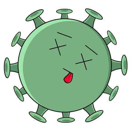 Coronavirus dead. Cartoon cute green sad virus with big eyes.のイラスト素材
