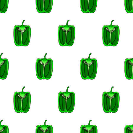 Green pepper pattern. Beautiful shiny healthy green vegetable for salads, sauces and stuffed dishes.のイラスト素材
