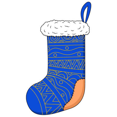 Christmas stocking. Decorative blue sock with white fur and golden stripes.のイラスト素材