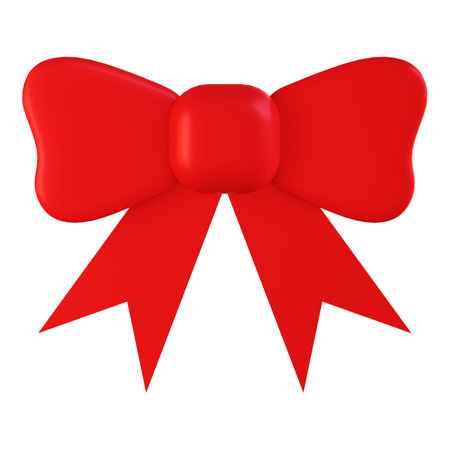 Bow. 3d render. New Years big red bow with ribbons. Cartoon style.の写真素材
