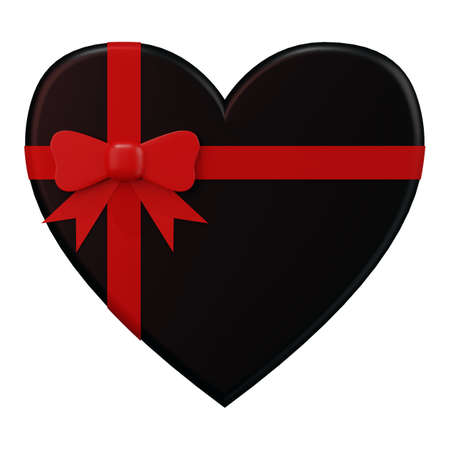 Gift box. Black box in the form of a heart with a red bow.の写真素材