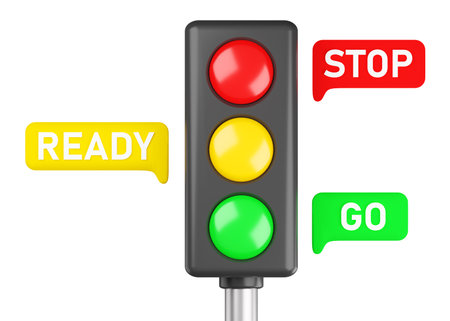 Traffic lights. A device that changes color to red, yellow and green to regulate the movement of vehicles on the road.の写真素材