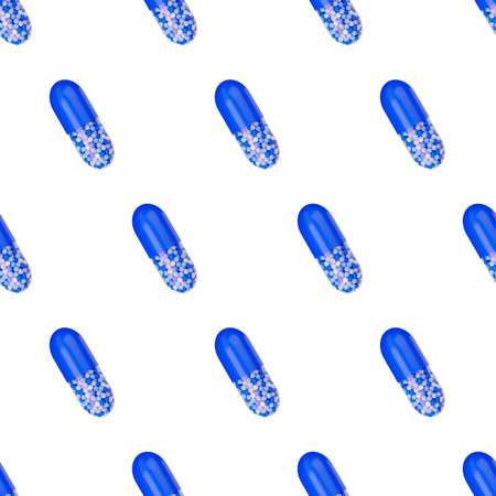 Pills seamless pattern. 3d render. Blue capsule pills. Medicinal drug to relieve symptoms.
