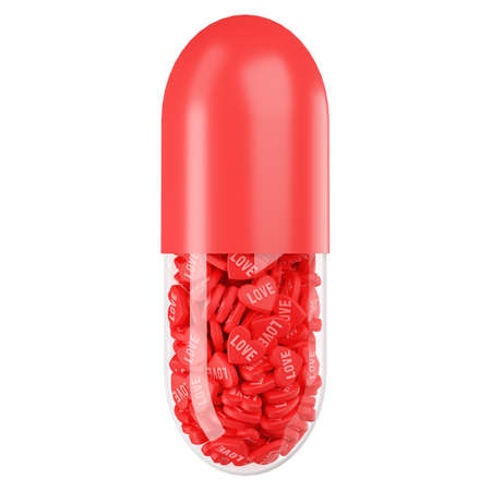 Love capsule pills. Pills in the form of hearts with the inscription love and loneliness.の写真素材